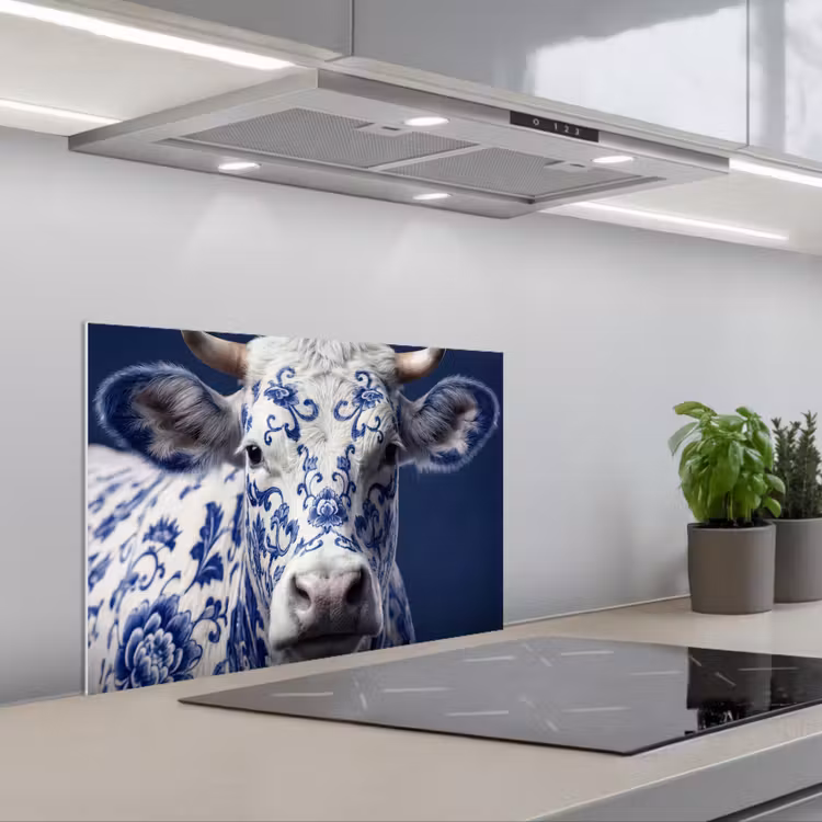 Kitchen splashback for hob - Cow - Delft - Blue - Artistic — 1