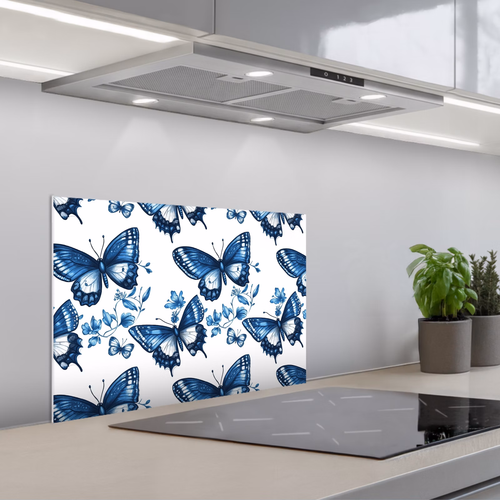 Kitchen splashback for hob - Blue - Butterflies - Flowers - White — 1