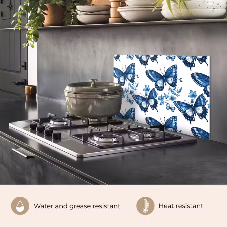 Kitchen splashback for hob - Blue - Butterflies - Flowers - White — 2