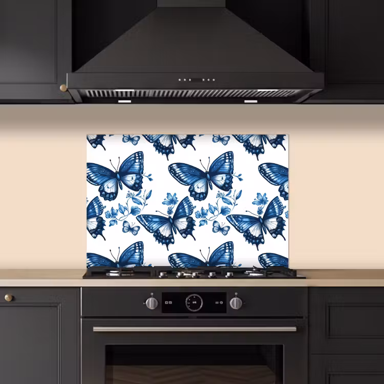 Kitchen splashback for hob - Blue - Butterflies - Flowers - White — 5