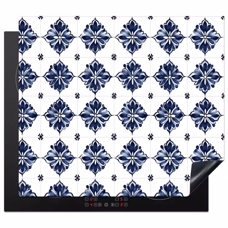 Induction hob protector - Tile motif - Blue - White - Flower — 1