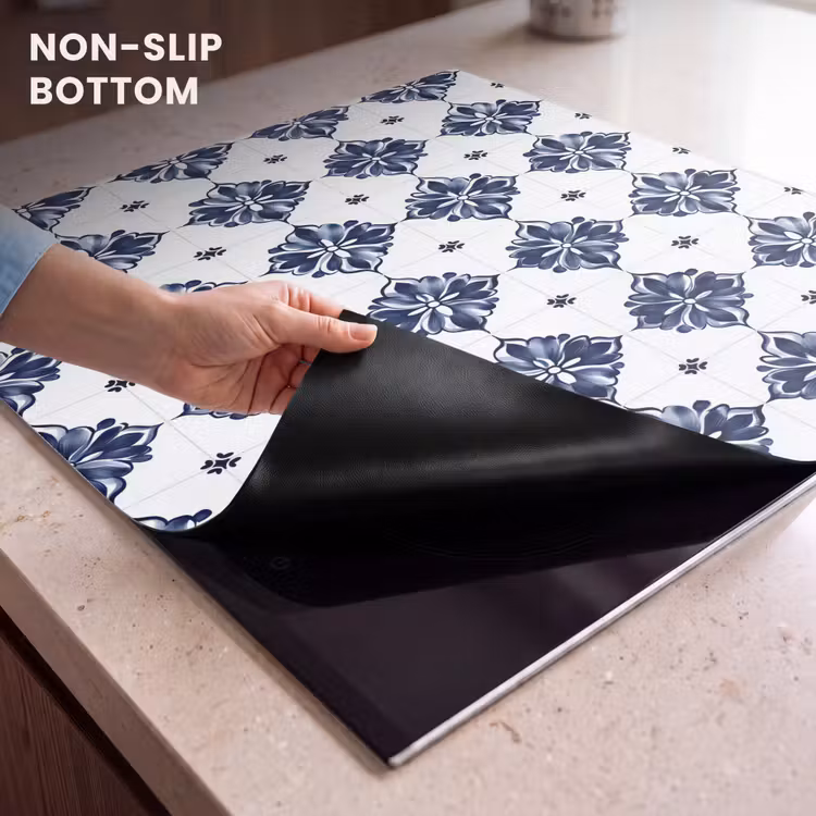 Induction hob protector - Tile motif - Blue - White - Flower — 5