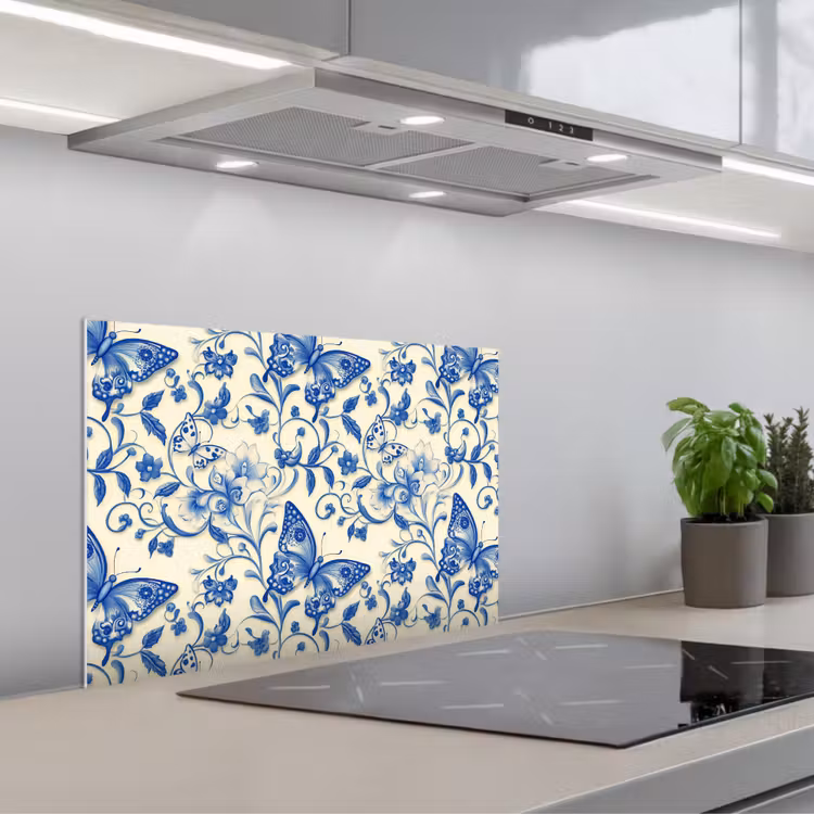 Kitchen splashback for hob - Butterflies - Flowers - Blue - Botanical — 1
