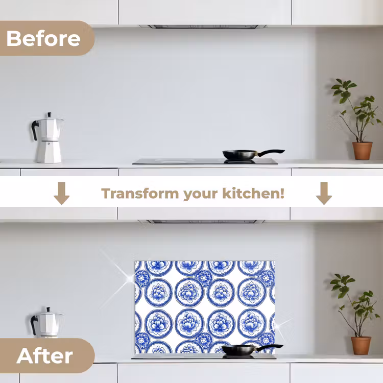 Kitchen splashback for hob - Circles - Flowers - Blue — 7