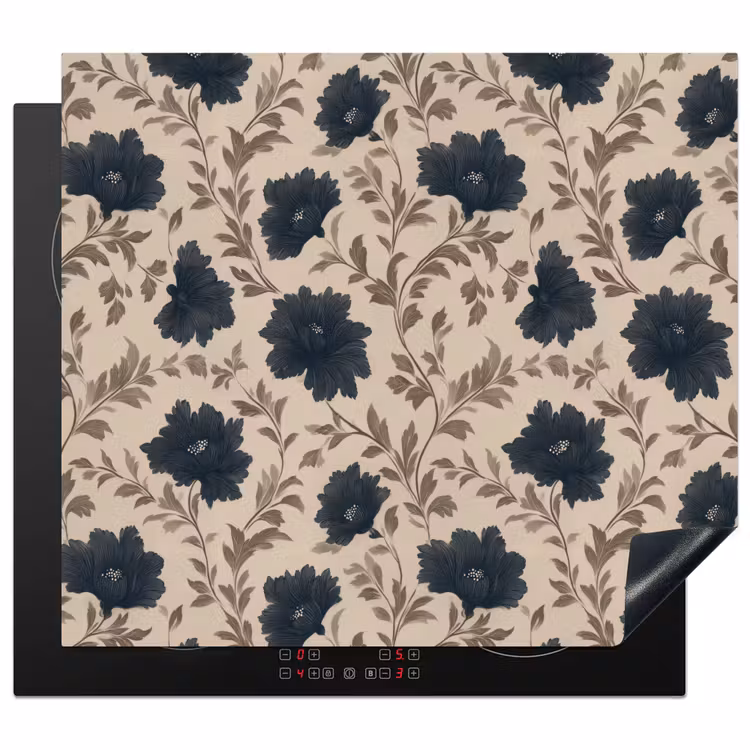 Induction hob protector - Motif - Flowers - Black - Beige — 1