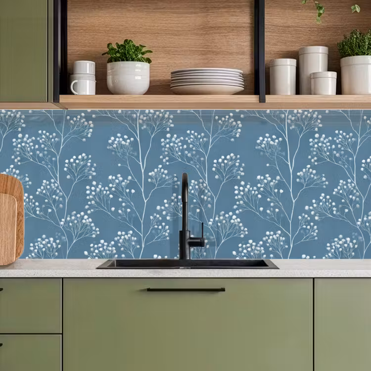 Kitchen splashback - Branches - Berries - Pattern - Light blue — 8