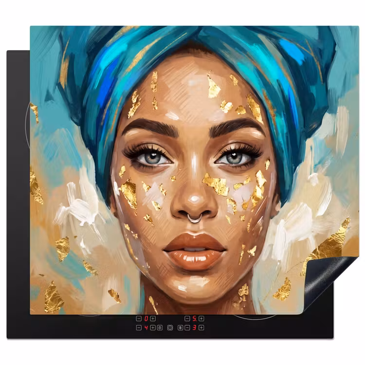 Induction hob cover - Portrait - Woman - Painting - Blue - Gold - Expressive — 1