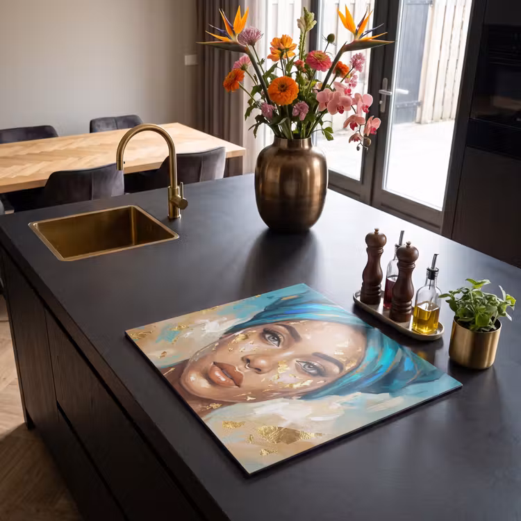 Induction hob cover - Portrait - Woman - Painting - Blue - Gold - Expressive — 2