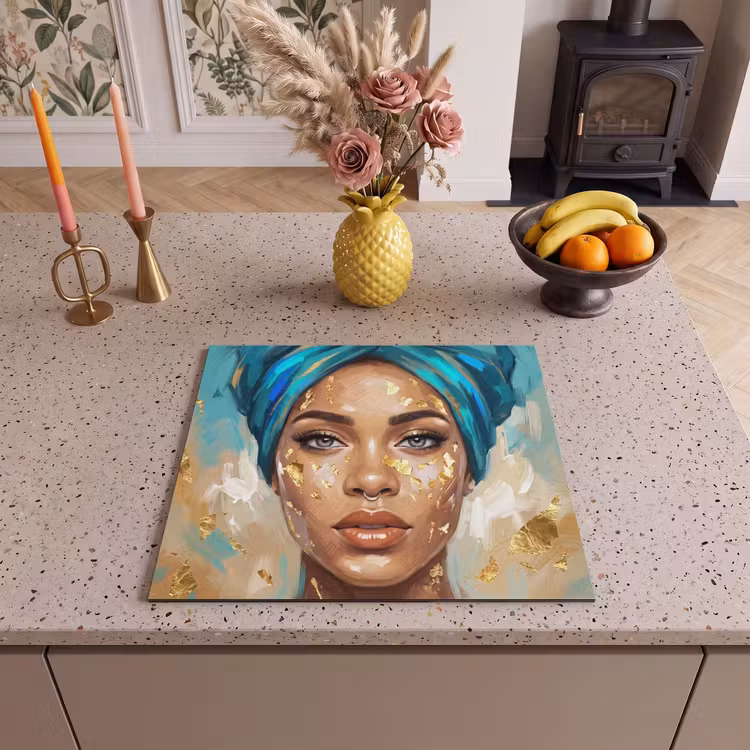 Induction hob cover - Portrait - Woman - Painting - Blue - Gold - Expressive — 3