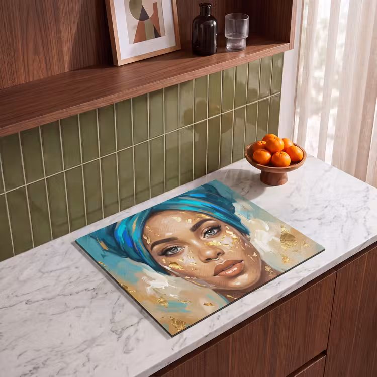 Induction hob cover - Portrait - Woman - Painting - Blue - Gold - Expressive — 4