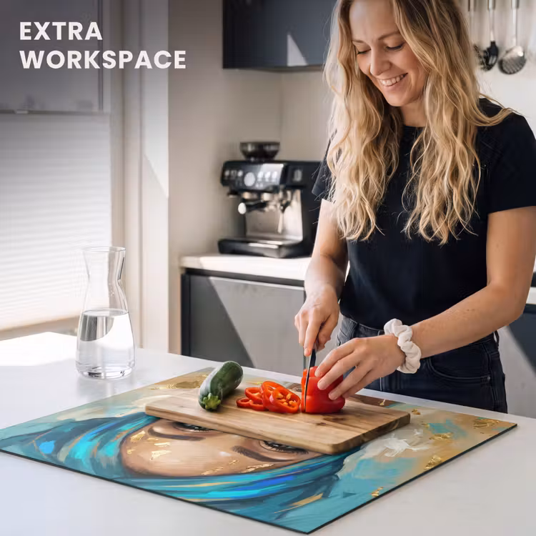 Induction hob cover - Portrait - Woman - Painting - Blue - Gold - Expressive — 7