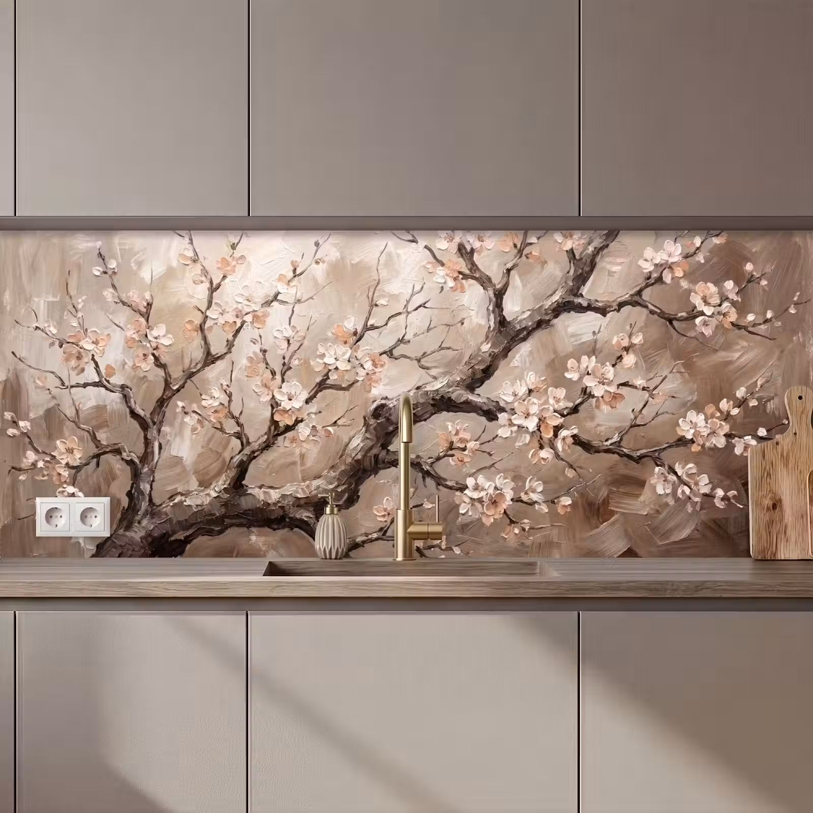 Kitchen splashback - Blossom - Branches - Painting - Beige - Serene — 1