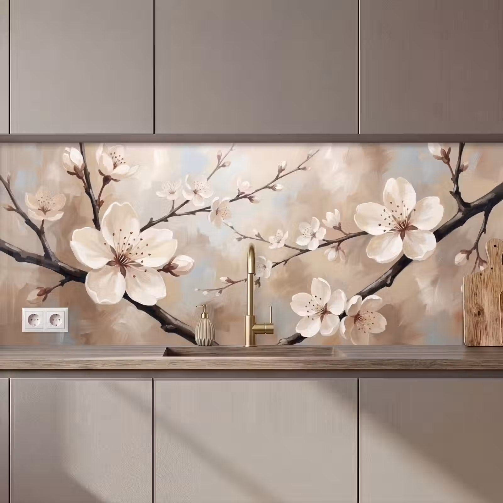 Kitchen splashback - Blossom - Branches - Painting - Beige - Serene — 1