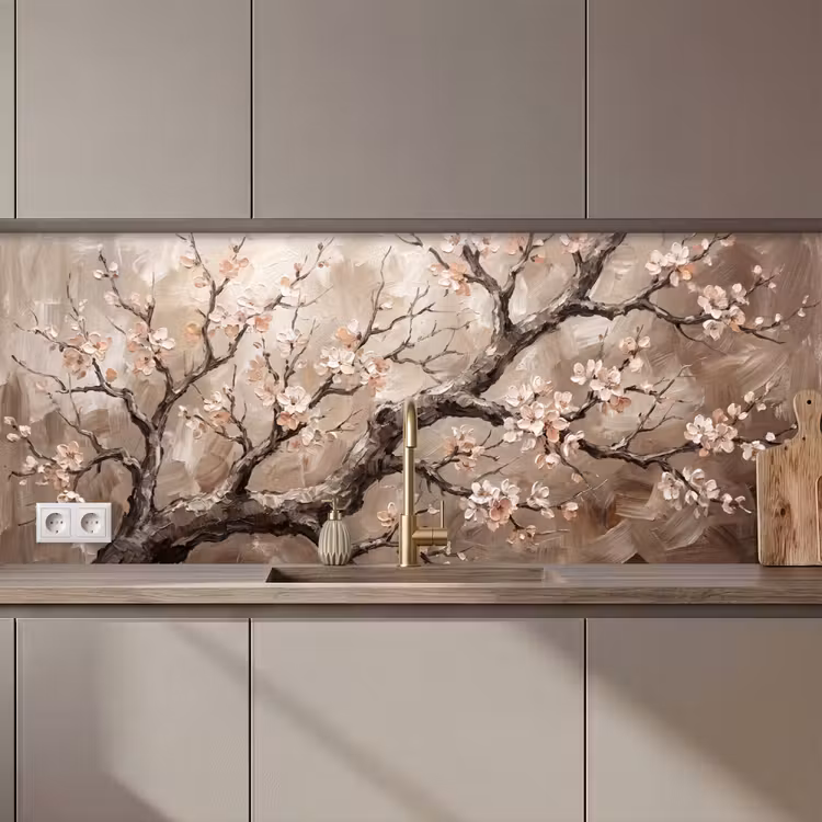 Kitchen splashback - Blossom - Branches - Painting - Beige - Serene — 1