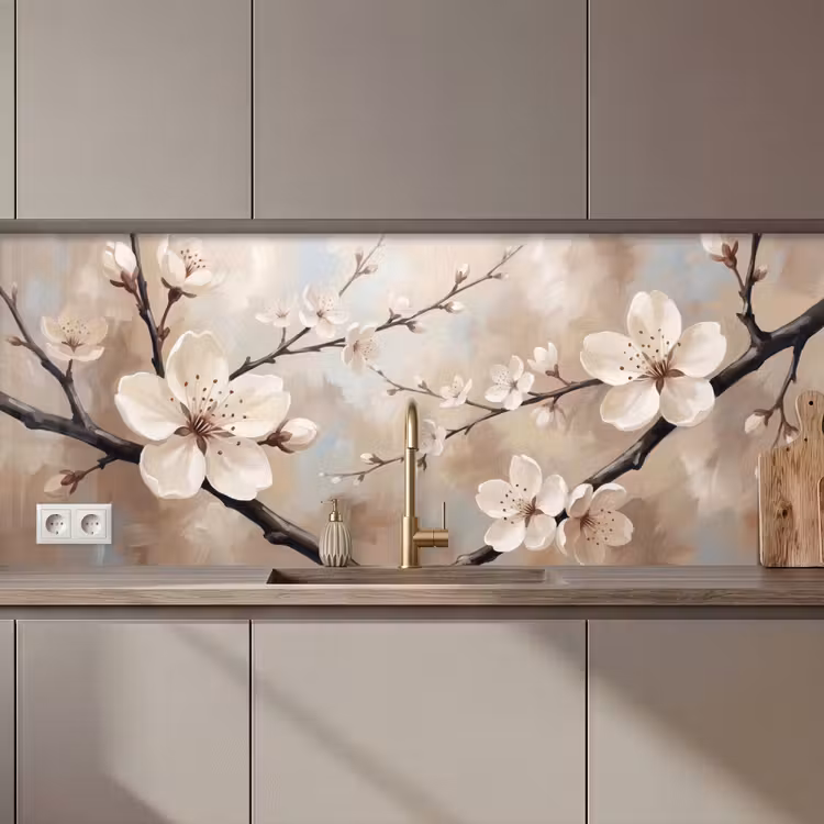 Kitchen splashback - Blossom - Branches - Painting - Beige - Serene — 1