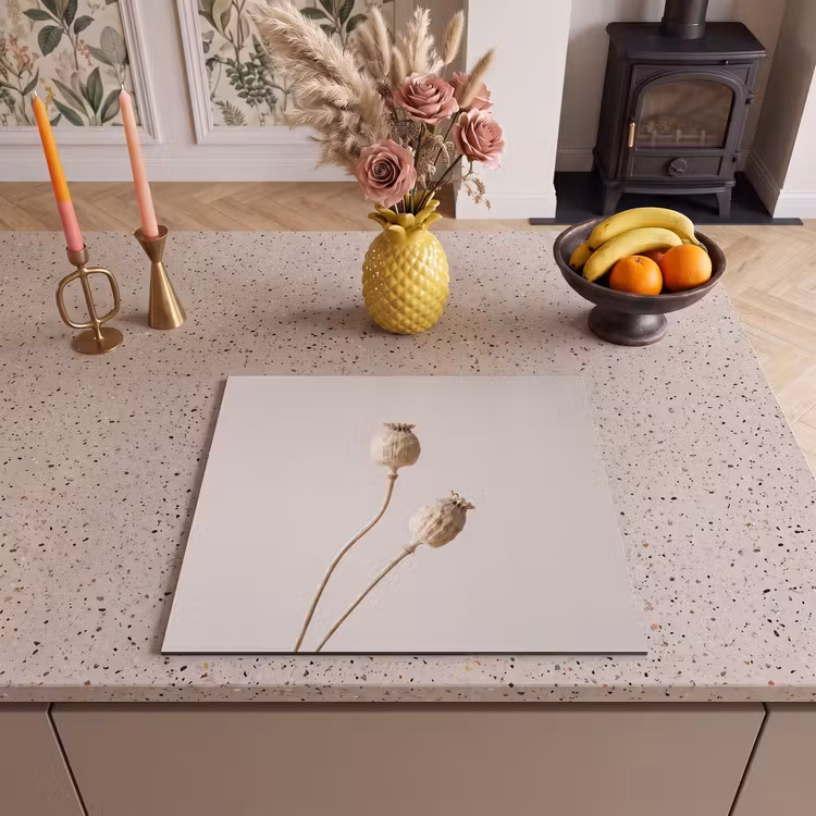Induction hob cover - Poppy bulbs - Dry flowers - Minimalist - Beige - Quiet — 3