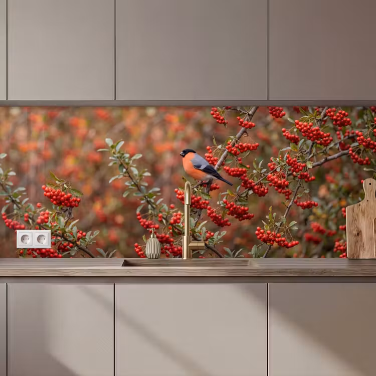 Kitchen splashback - Bullfinch - Berries - Autumn - Nature - Colorful — 1