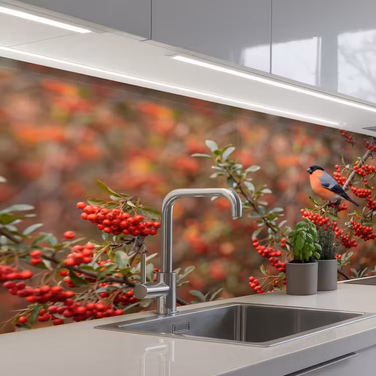 Kitchen splashback - Bullfinch - Berries - Autumn - Nature - Colorful — 2