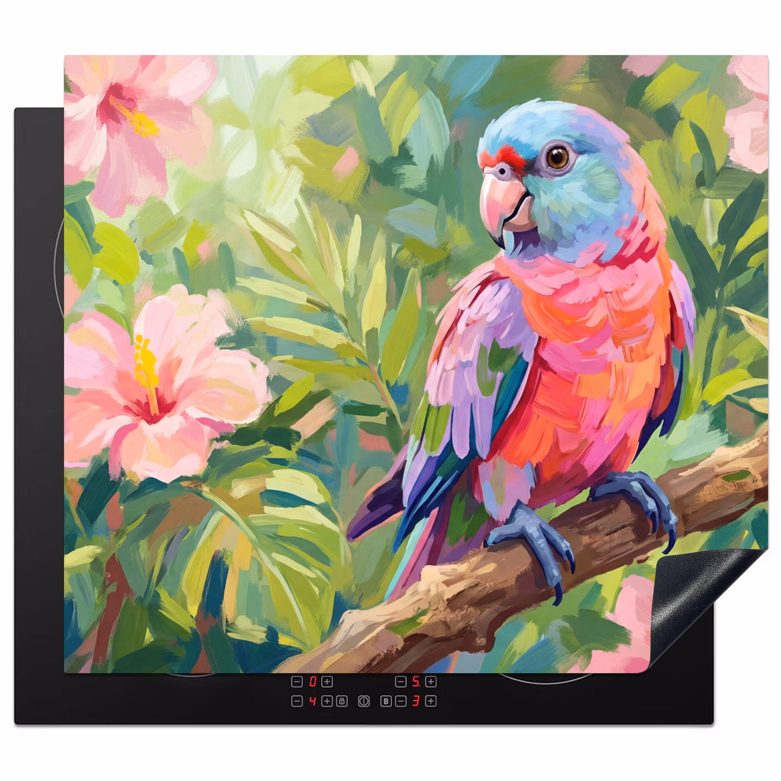 Induction hob cover - Parrot - Hibiscus flowers - Colorful — 1