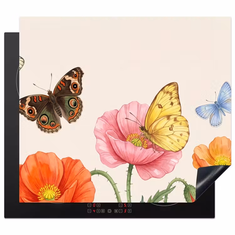 Induction hob cover - Butterflies - Poppies - Illustration - Colorful — 1