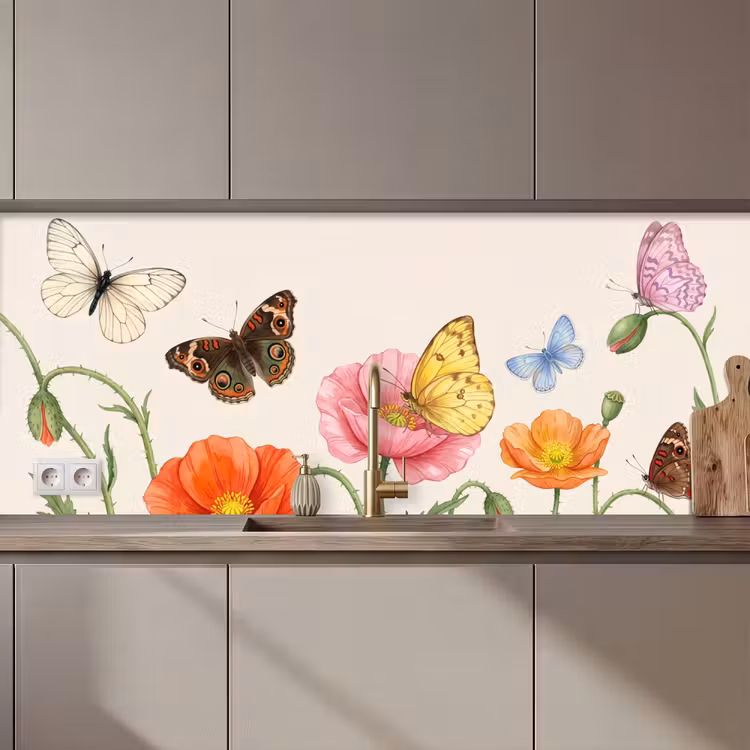 Kitchen splashback - Butterflies - Poppies - Illustration - Colorful — 1
