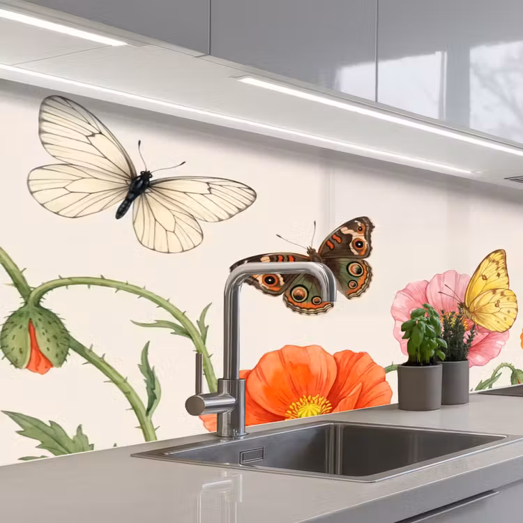 Kitchen splashback - Butterflies - Poppies - Illustration - Colorful — 2