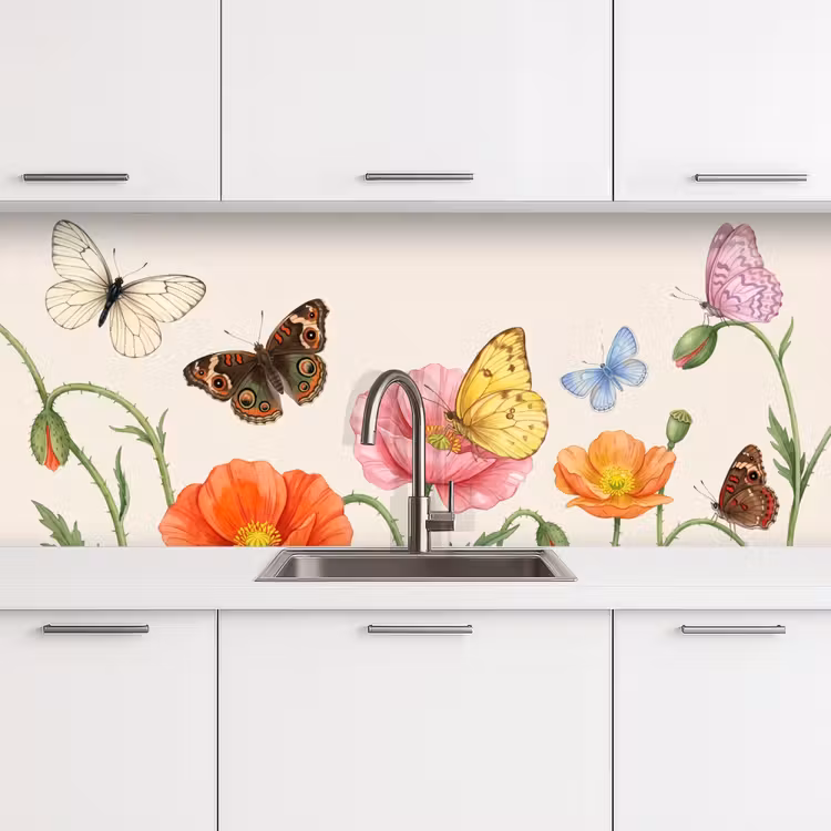 Kitchen splashback - Butterflies - Poppies - Illustration - Colorful — 4