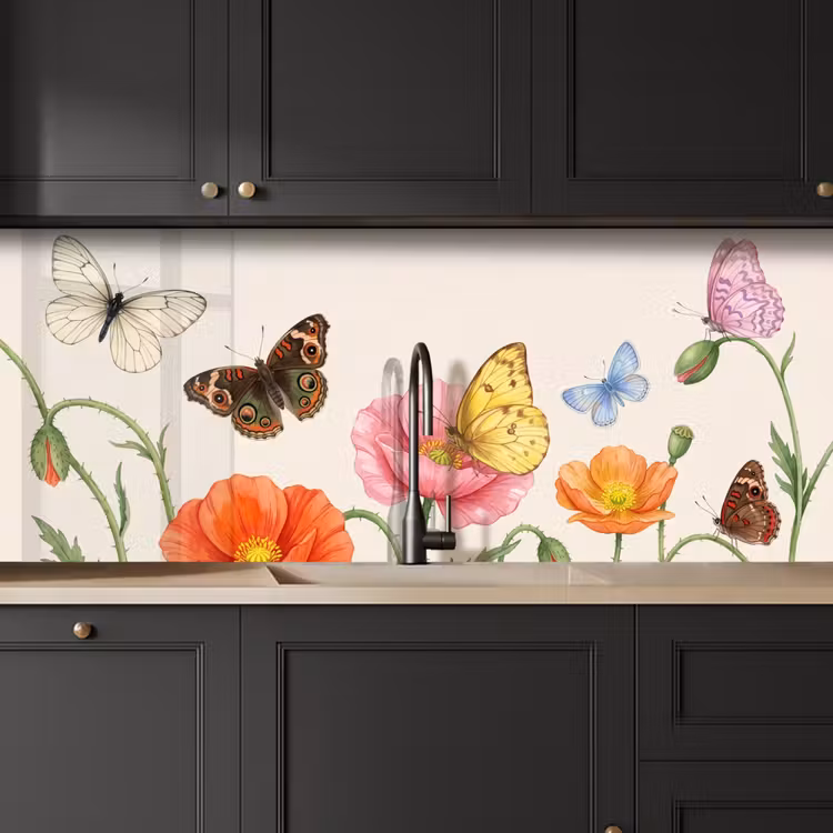Kitchen splashback - Butterflies - Poppies - Illustration - Colorful — 6