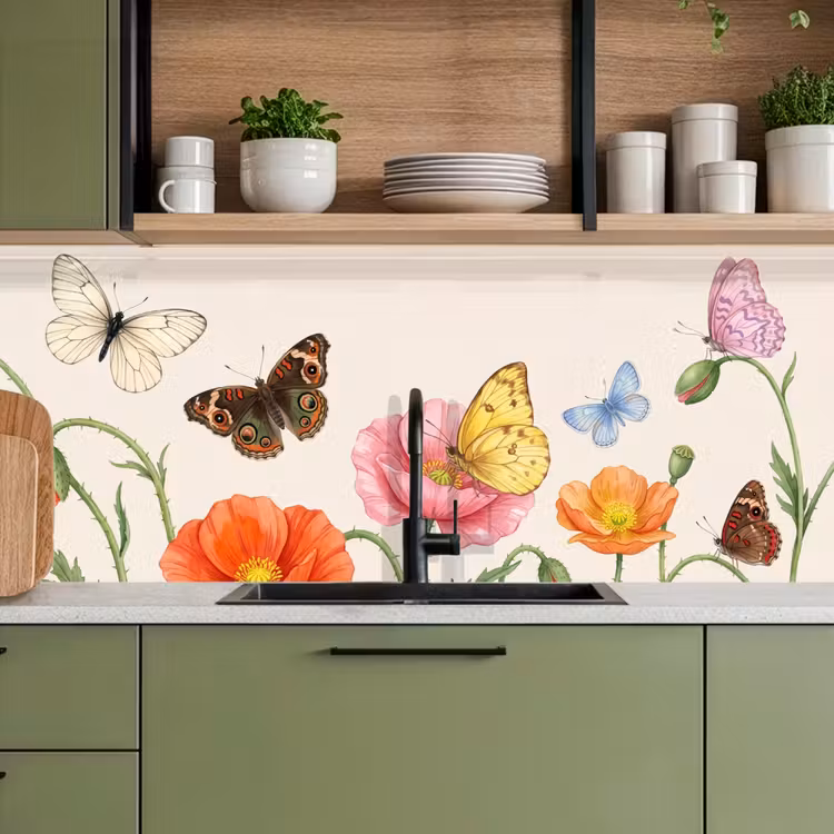 Kitchen splashback - Butterflies - Poppies - Illustration - Colorful — 8