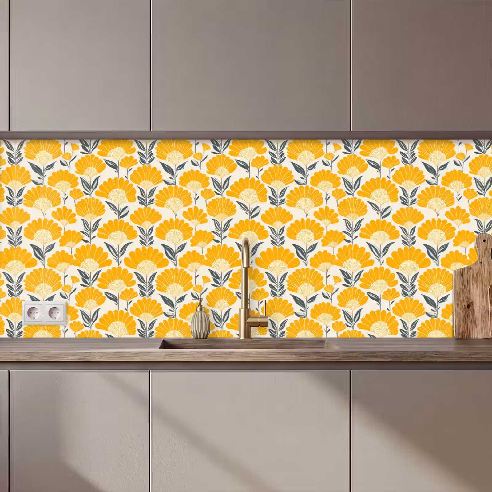 Kitchen splashback - Flowers - Retro - Botanical - Ochre - Gray — 1