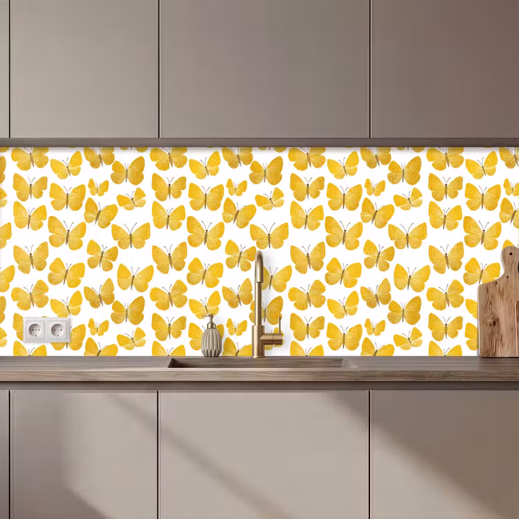 Kitchen splashback - Butterflies - Botanical - Illustration - Yellow - White — 1