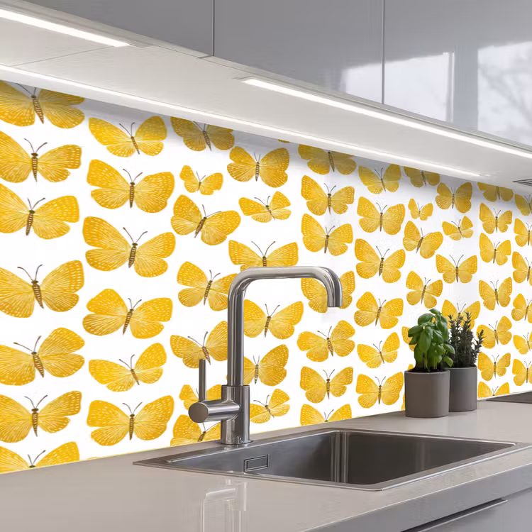 Kitchen splashback - Butterflies - Botanical - Illustration - Yellow - White — 2