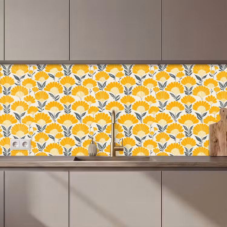 Kitchen splashback - Flowers - Retro - Botanical - Ochre - Gray — 1