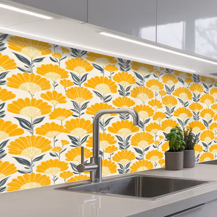 Kitchen splashback - Flowers - Retro - Botanical - Ochre - Gray — 2