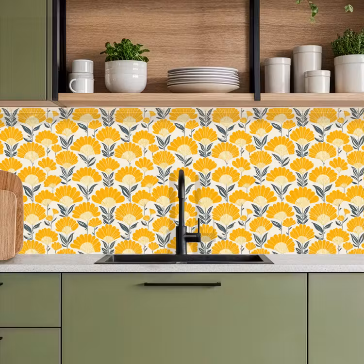 Kitchen splashback - Flowers - Retro - Botanical - Ochre - Gray — 8