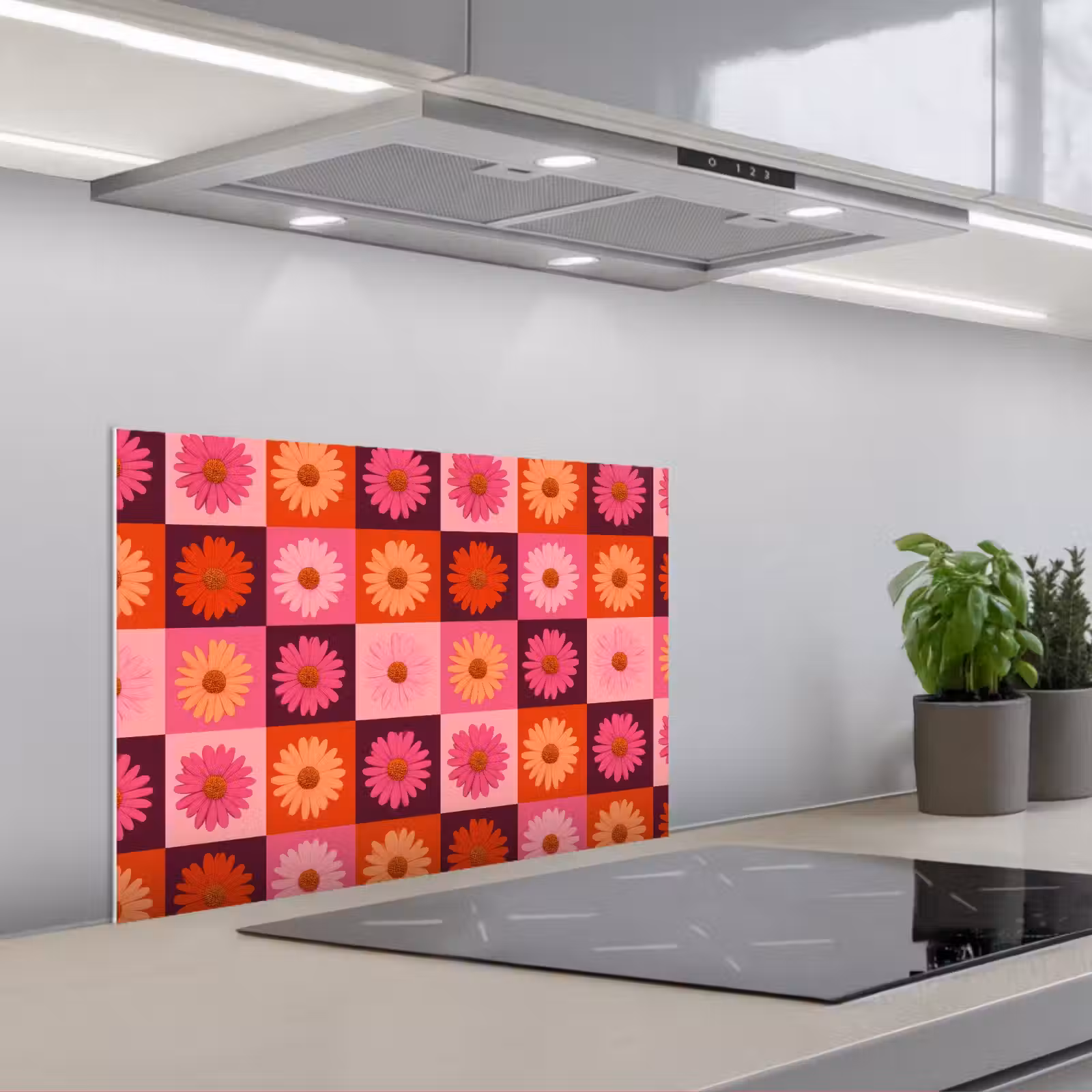 Kitchen splashback for hob - Daisies - Checkered - Retro - Pink - Orange — 1