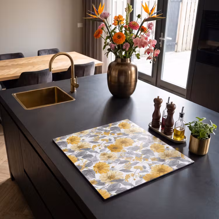 Induction hob cover - Flowers - Botanical - Elegant - Ochre - Gray — 2