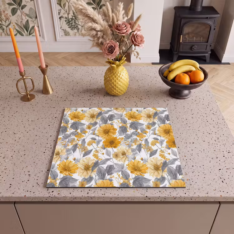 Induction hob cover - Flowers - Botanical - Elegant - Ochre - Gray — 3