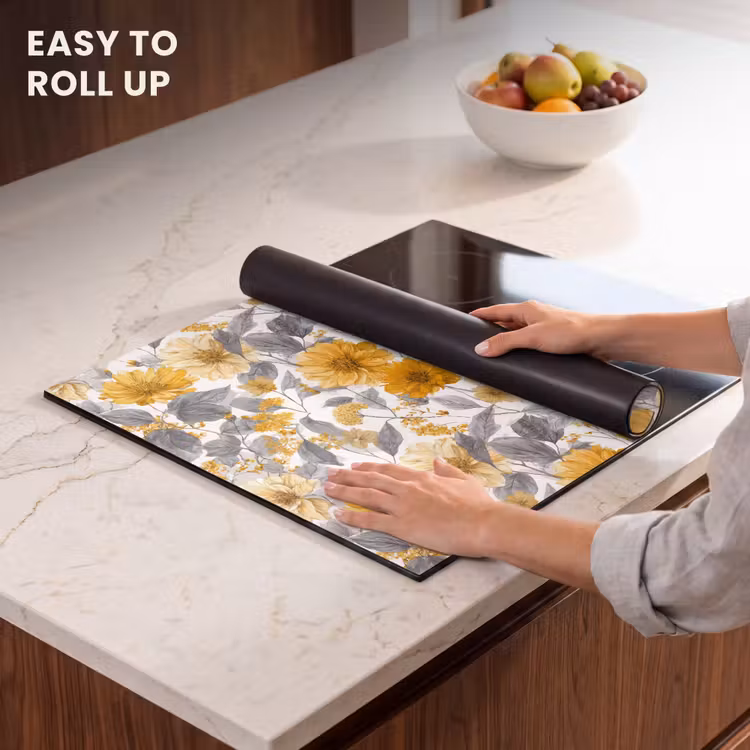 Induction hob cover - Flowers - Botanical - Elegant - Ochre - Gray — 6