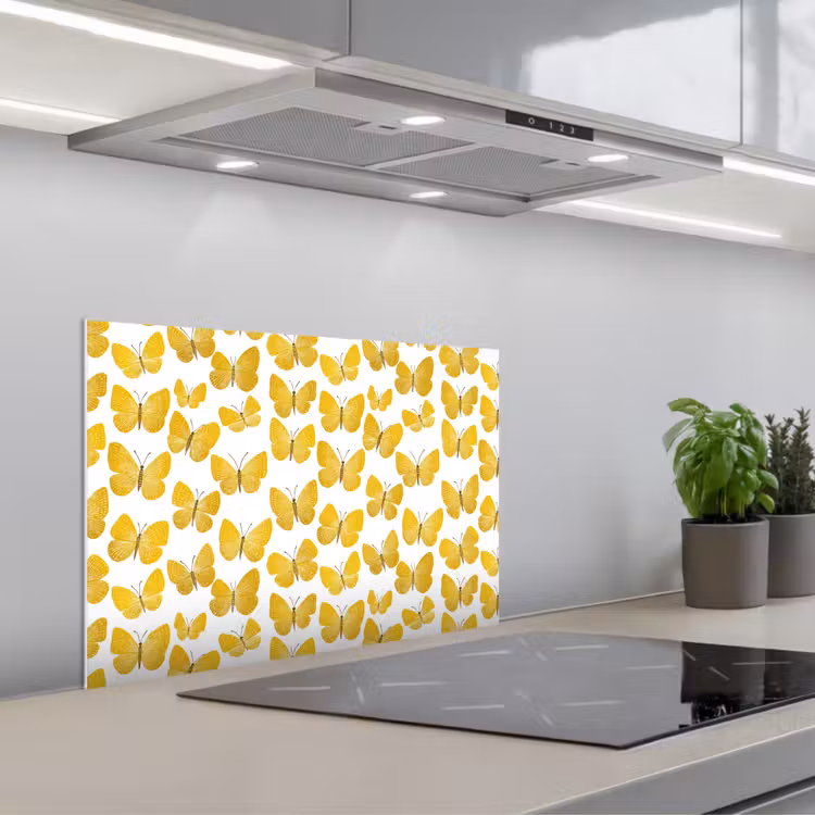 Kitchen splashback for hob - Butterflies - Botanical - Illustration - Yellow - White — 1