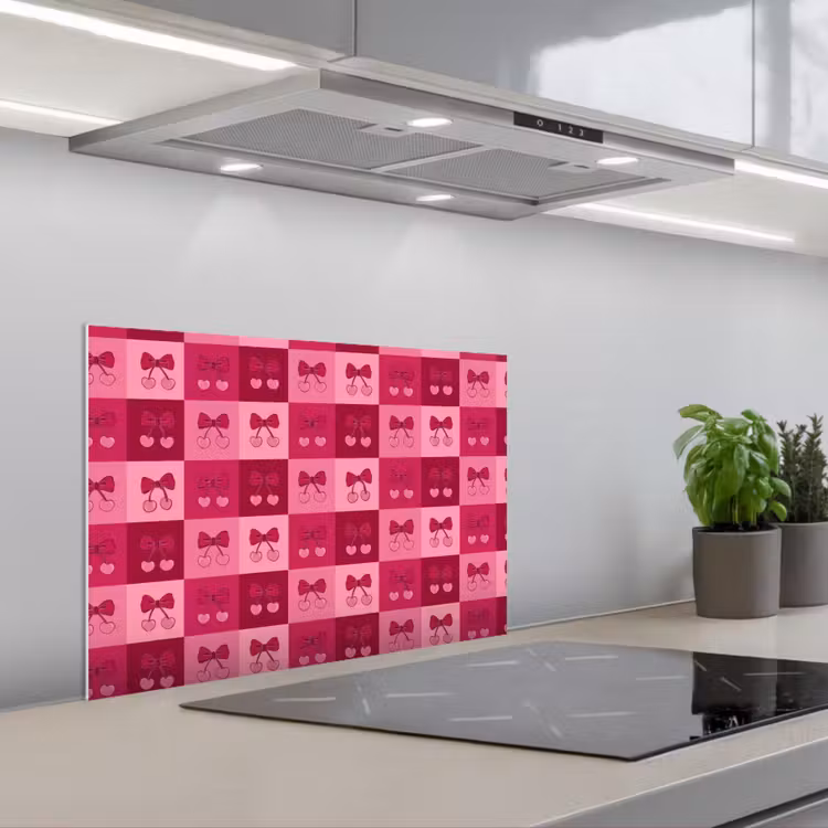 Kitchen splashback for hob - Cherries - Bows - Playful - Pink - Burgundy — 1