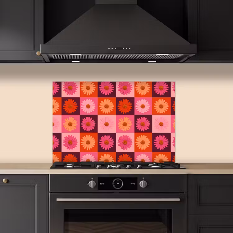 Kitchen splashback for hob - Daisies - Checkered - Retro - Pink - Orange — 5