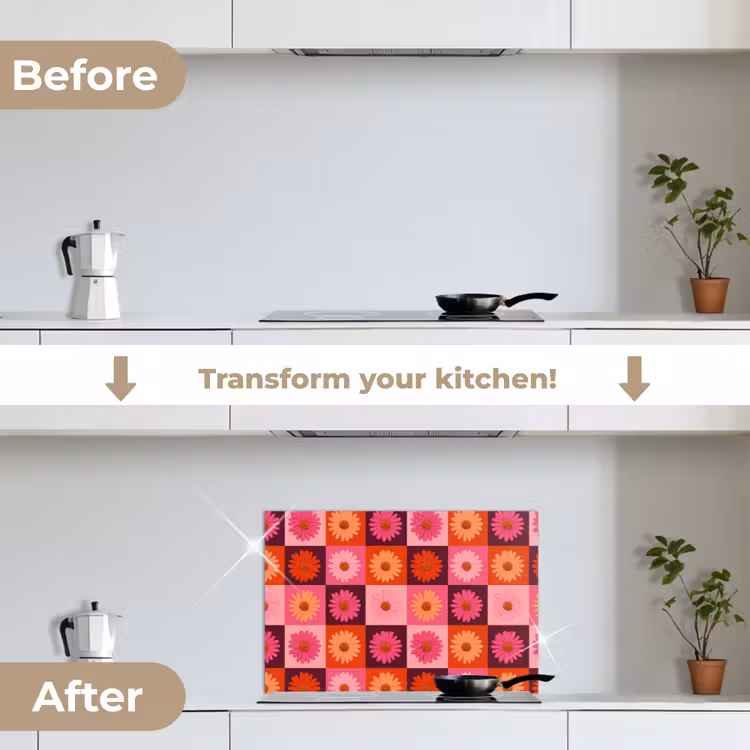 Kitchen splashback for hob - Daisies - Checkered - Retro - Pink - Orange — 7
