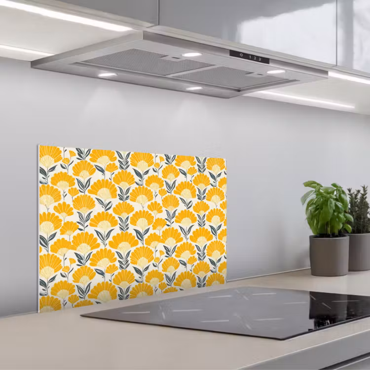 Kitchen splashback for hob - Flowers - Retro - Botanical - Ochre - Gray — 1