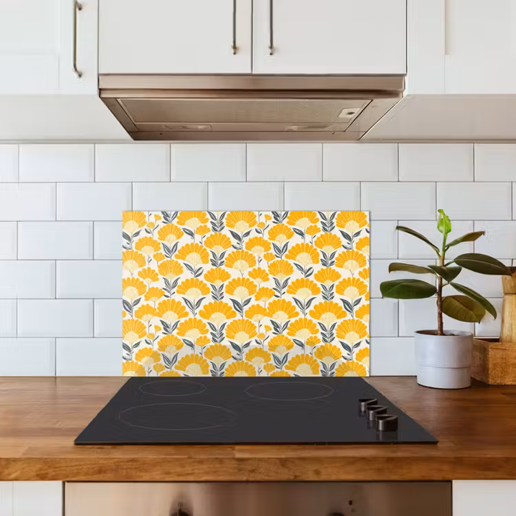 Kitchen splashback for hob - Flowers - Retro - Botanical - Ochre - Gray — 3