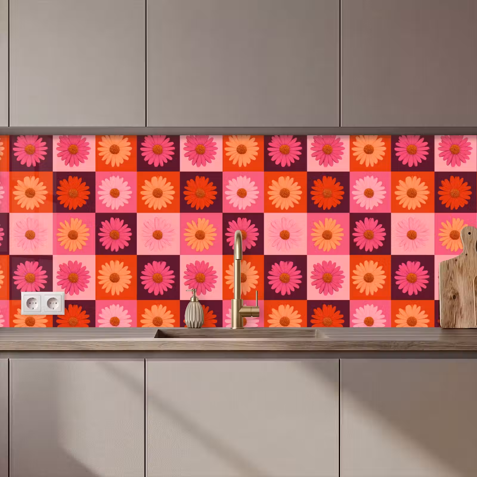 Kitchen splashback - Daisies - Checkered - Retro - Pink - Orange — 1