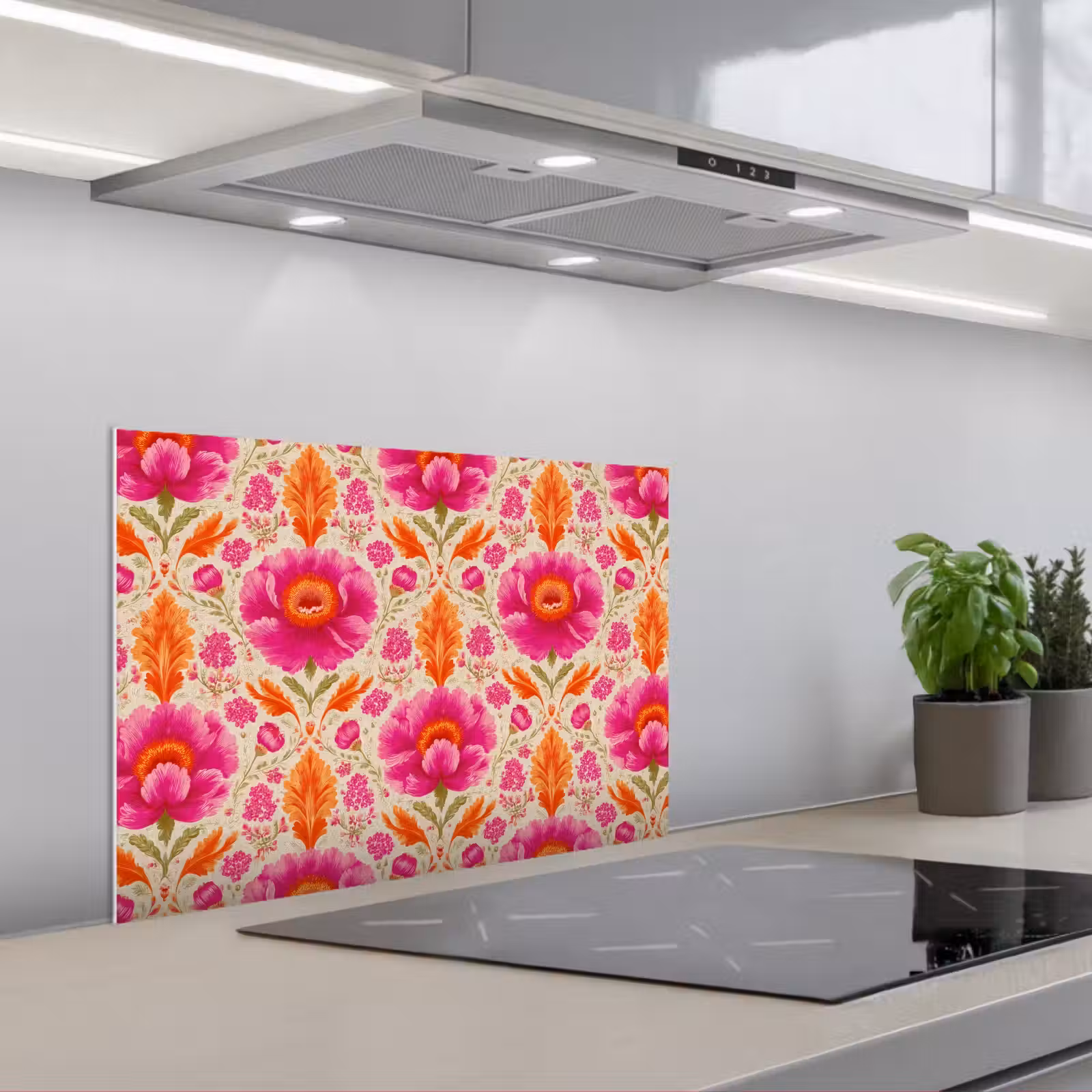 Kitchen splashback for hob - Flowers - Baroque - Pink - Orange — 1