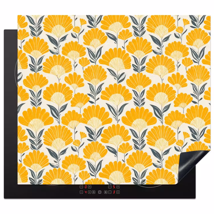 Induction hob cover - Flowers - Retro - Botanical - Ochre - Gray — 1