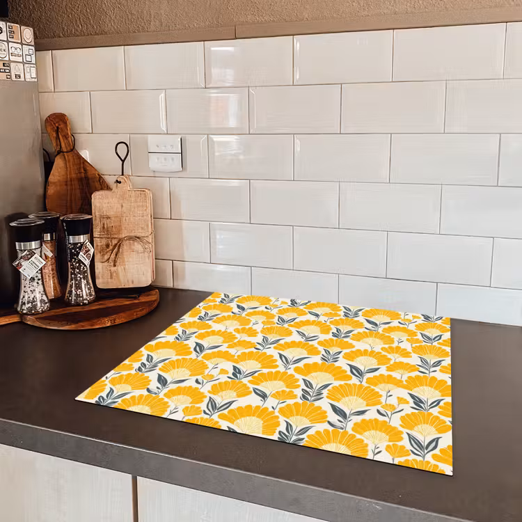 Induction hob cover - Flowers - Retro - Botanical - Ochre - Gray — 3