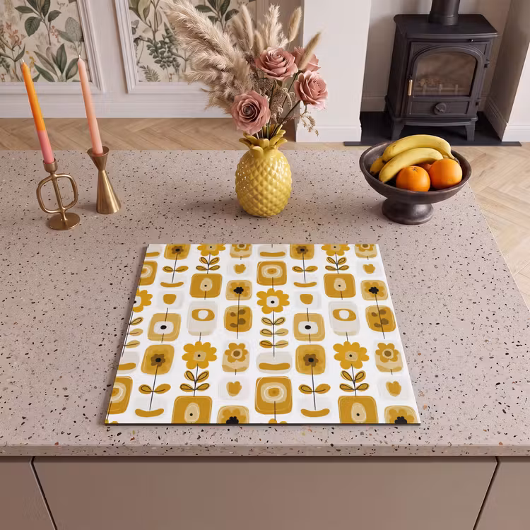 Induction hob cover - Retro - Abstract - Flowers - Ochre Yellow — 3